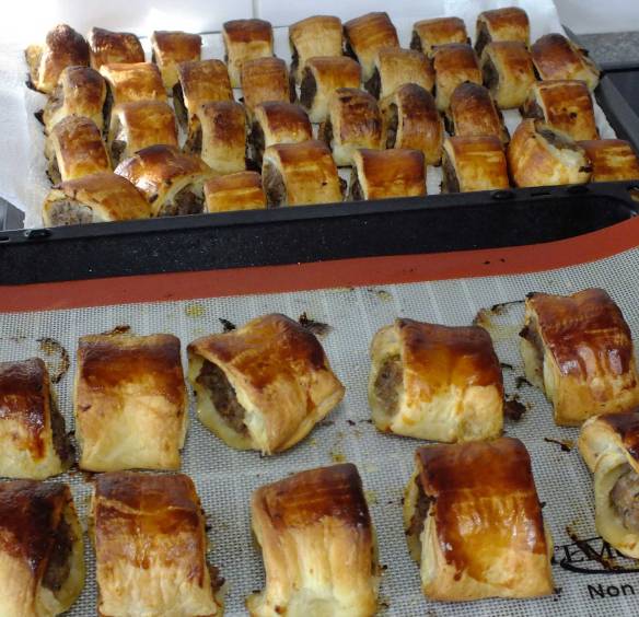 cooked sausage rolls cooling down and ready for packing for tomorrows point to point picnic at Penshurst