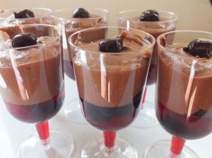 The end result - Chocolate mousse over a morello cherry and cherry brandy jelly studded with fruit. 