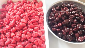 Morello and raspberries in cherry brandy and sugar waiting to go into our mousse dessert