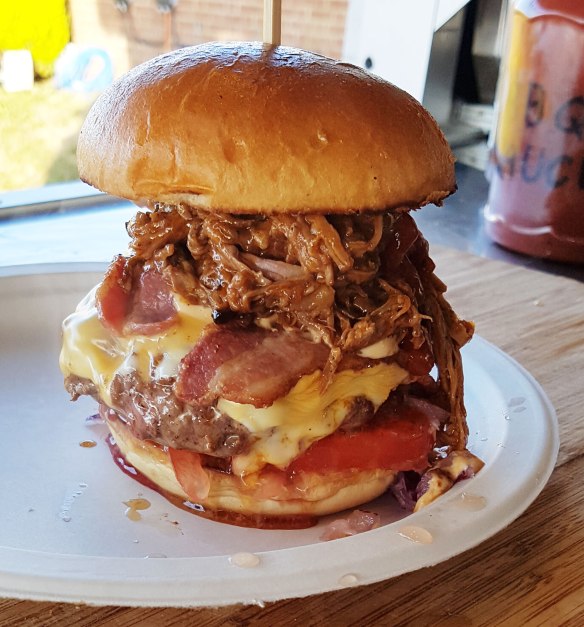 Deli Truck monster burger, pulled pork, beef burger, wedding, catering